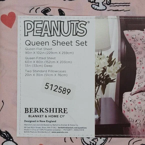 Peanuts Snoopy Queen Sheet Set By Berkshire Pink With Hearts Valentines Day - Picture 4 of 7